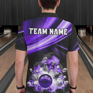 Personalized Black and Purple Smoke Flame Bowling Polo, 1/4 Zip Shirts For Men, cool bowling jerseys NQS9544