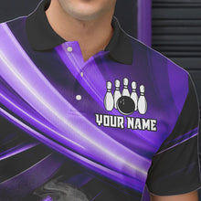 Load image into Gallery viewer, Personalized Black and Purple Smoke Flame Bowling Polo, 1/4 Zip Shirts For Men, cool bowling jerseys NQS9544
