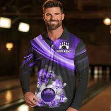 Load image into Gallery viewer, Personalized Black and Purple Smoke Flame Bowling Polo, 1/4 Zip Shirts For Men, cool bowling jerseys NQS9544