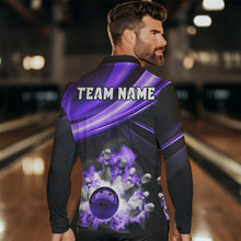 Load image into Gallery viewer, Personalized Black and Purple Smoke Flame Bowling Polo, 1/4 Zip Shirts For Men, cool bowling jerseys NQS9544