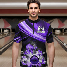 Load image into Gallery viewer, Personalized Black and Purple Smoke Flame Bowling Polo, 1/4 Zip Shirts For Men, cool bowling jerseys NQS9544