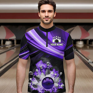 Personalized Black and Purple Smoke Flame Bowling Polo, 1/4 Zip Shirts For Men, cool bowling jerseys NQS9544