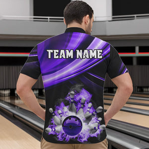 Personalized Black and Purple Smoke Flame Bowling Polo, 1/4 Zip Shirts For Men, cool bowling jerseys NQS9544