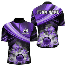 Load image into Gallery viewer, Personalized Black and Purple Smoke Flame Bowling Polo, 1/4 Zip Shirts For Men, cool bowling jerseys NQS9544