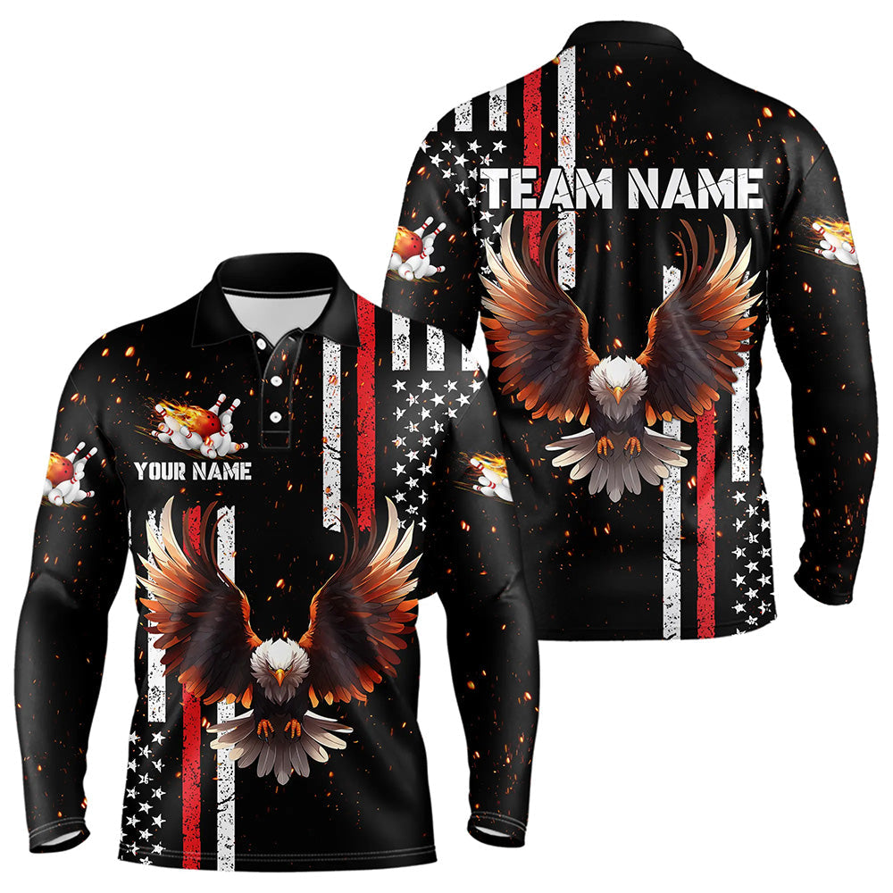 Personalized Black American Flag Flame Eagle Bowling Shirts For Men Custom patriotic bowling jerseys NQS9549