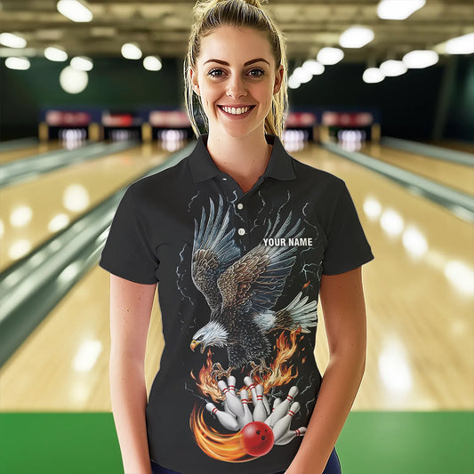 Black Women Bowling Polo, 1/4 Zip Shirt Custom Flame Eagle Lightning bowling outfit gifts for bowlers NQS9707
