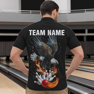 Black Mens Bowling Polo, 1/4 Zip Shirt Custom Flame Eagle Lightning bowling outfit gifts for bowlers NQS9707