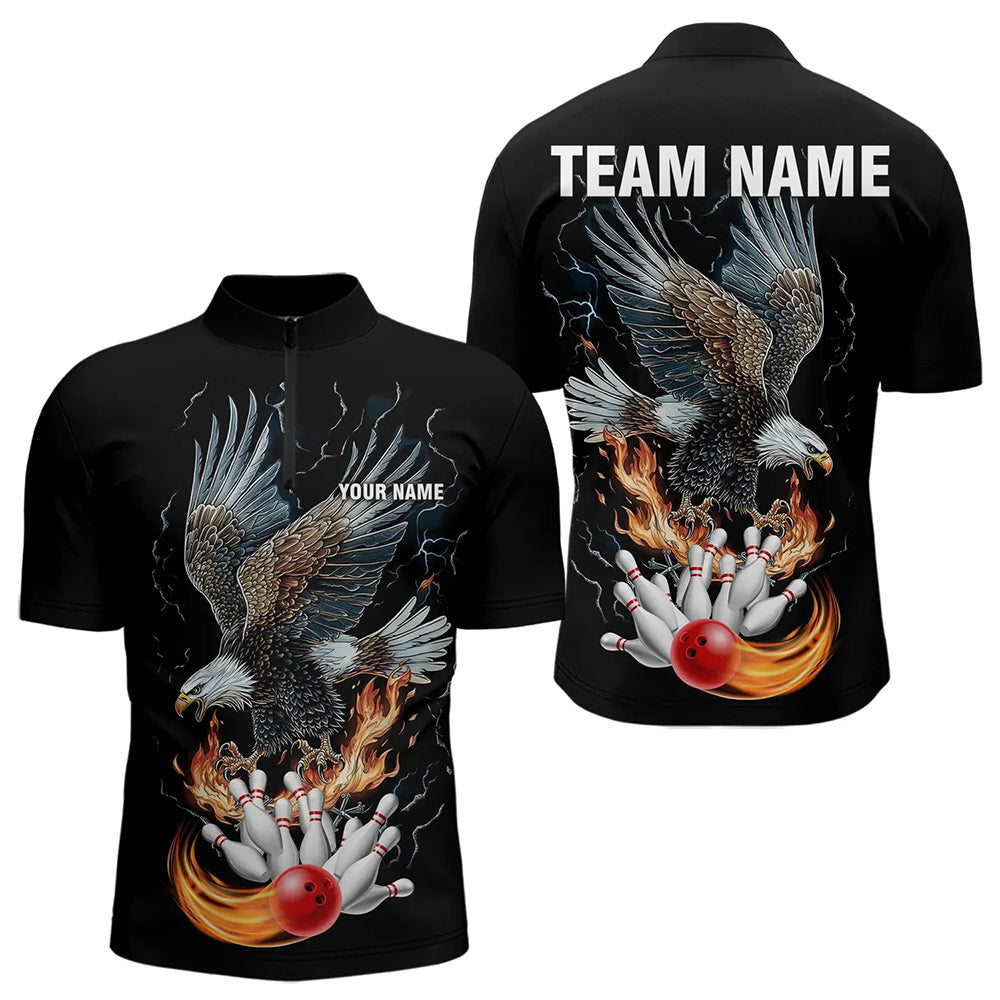 Black Mens Bowling Polo, 1/4 Zip Shirt Custom Flame Eagle Lightning bowling outfit gifts for bowlers NQS9707