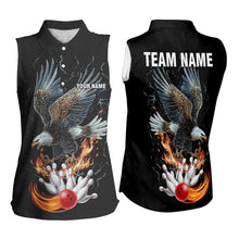 Load image into Gallery viewer, Black Mens Bowling Sleeveless Polo Shirt Custom Flame Eagle Lightning bowling outfit gifts for bowlers NQS9707