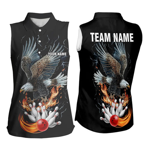 Black Mens Bowling Sleeveless Polo Shirt Custom Flame Eagle Lightning bowling outfit gifts for bowlers NQS9707
