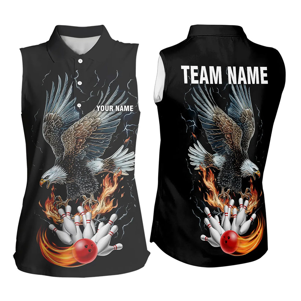 Black Mens Bowling Sleeveless Polo Shirt Custom Flame Eagle Lightning bowling outfit gifts for bowlers NQS9707