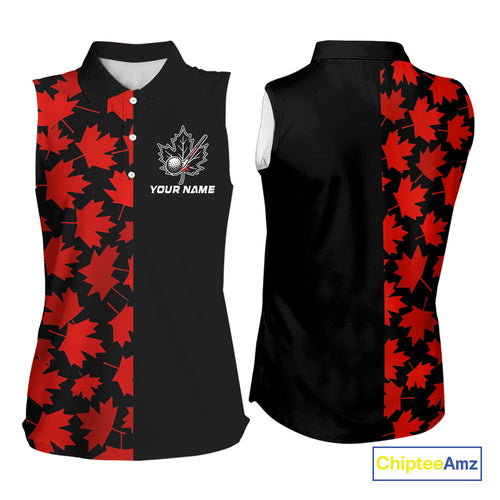 Black and Red maple leaf pattern Women sleeveless polo shirt Custom Canadian Flag patriotic golf top NQS10139