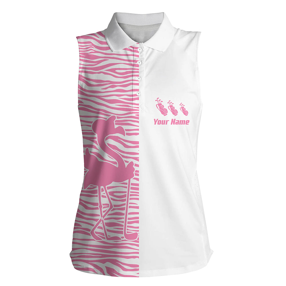 Pink zebra pattern flamingo Womens sleeveless polo shirt custom name white team golf shirts ladies NQS5959