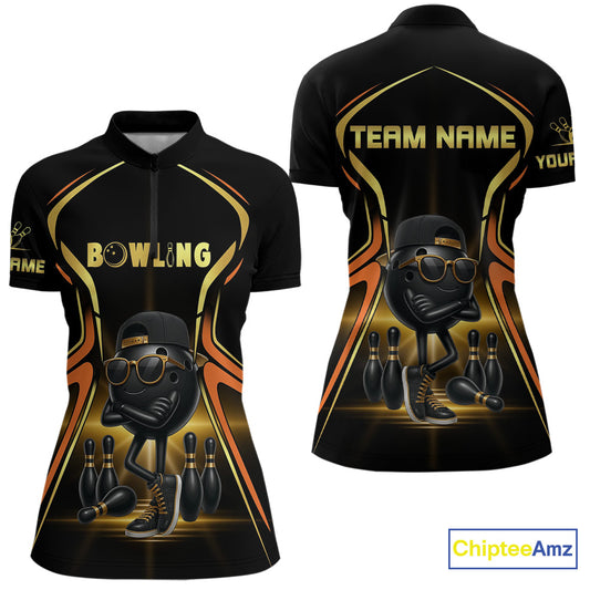 Black and Gold Funny bowling ball and pins Bowling shirts for Women Custom cool bowling team jerseys NQS10273