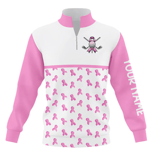 Pink ribbon pattern Quarter zip golf sweatshirt custom breast cancer awareness month shirt sweater NQS8492