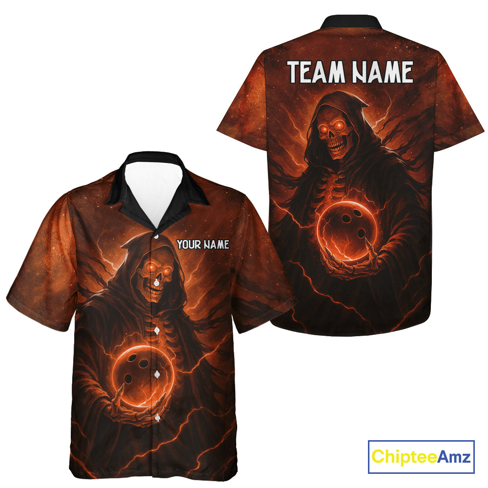 Orange Thunder Lightning Skull Reaper Bowling Hawaiian Shirt Custom Halloween Team Bowling Jerseys NQS10680