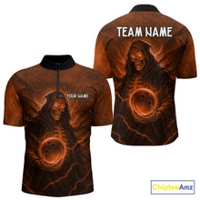 Load image into Gallery viewer, Orange Thunder Lightning Skull Reaper Bowling Shirts For Men Custom Halloween Team Bowling Jerseys NQS10680