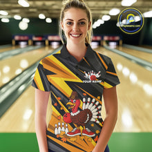 Load image into Gallery viewer, Custom Funny Turkey Bowling Shirts For Women, Black and Yellow Camo Thanksgiving Bowling Shirt Team NQS10683