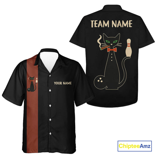 Custom retro bowling Hawaiian shirt Black and Orange Funny Cat Bowling jersey Team Bowling Outfit NQS11073