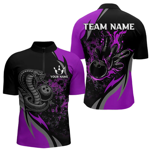 Black and Purple Flame Cobra Snake Bowling Shirts For Men Custom Name Bowling Team League Shirt NQS9714