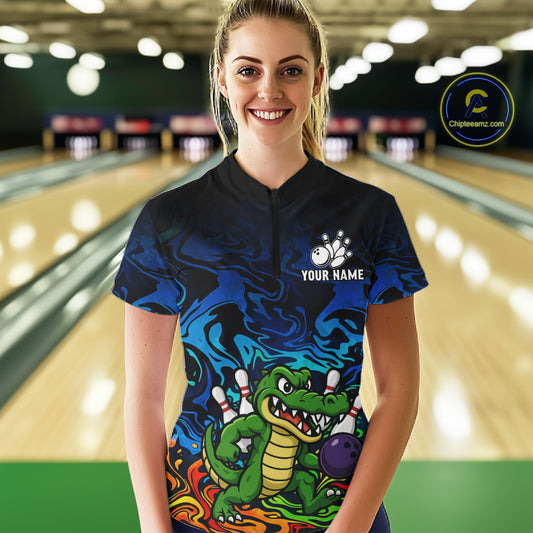 Colorful Funny Alligator Bowling Shirts for Women Custom Bowling Team Jersey, Gift For Bowlers NQS11755