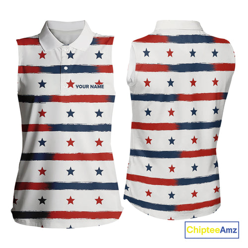 Red, White and Blue stars pattern Women sleeveless golf polo shirt Custom patriotic ladies golf attire NQS9980