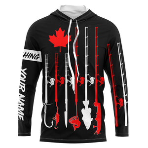 Personalized Canadian flag fishing rod UV protection patriotic fishing jerseys for fisherman | Black NQS5764