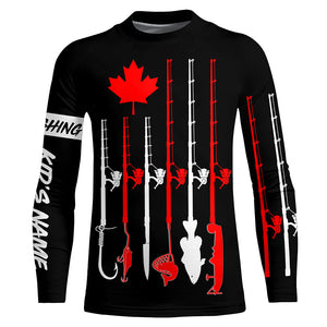 Personalized Canadian flag fishing rod UV protection patriotic fishing jerseys for fisherman | Black NQS5764