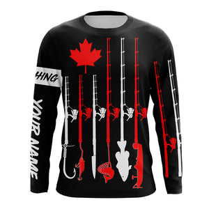 Personalized Canadian flag fishing rod UV protection patriotic fishing jerseys for fisherman | Black NQS5764