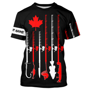 Personalized Canadian flag fishing rod UV protection patriotic fishing jerseys for fisherman | Black NQS5764