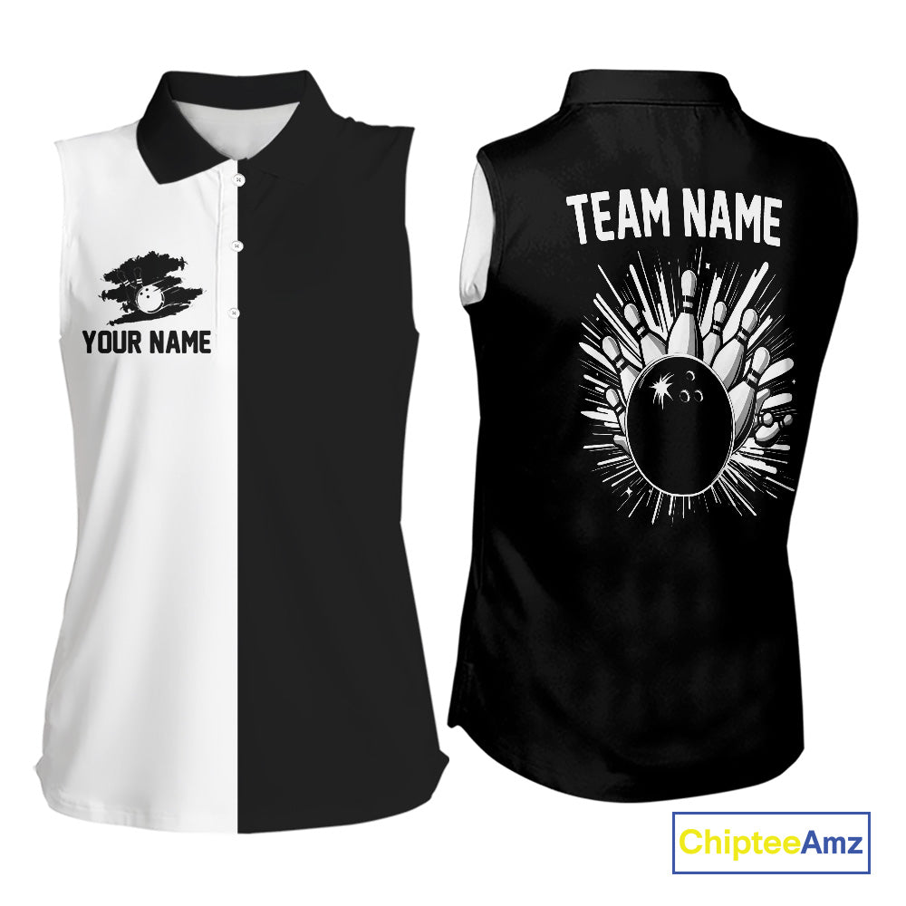 Black and white Retro Bowling Women sleeveless Polo Shirt Custom team bowling jersey gift for Bowler NQS10146