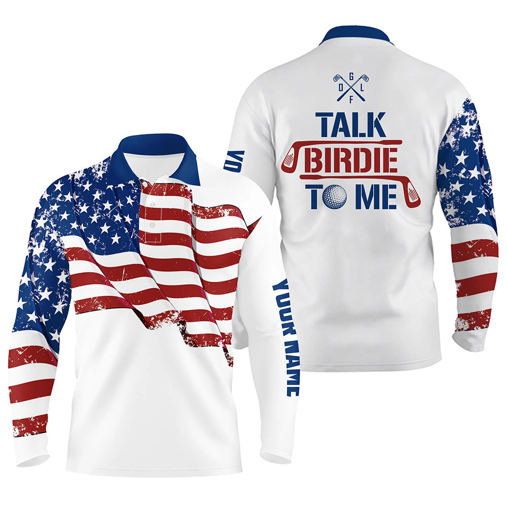 Funny Mens golf polo shirt custom American flag patriotic white golf shirts talk birdie to me NQS5963