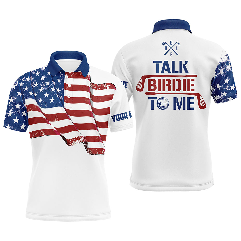 Funny Mens golf polo shirt custom American flag patriotic white golf shirts talk birdie to me NQS5963