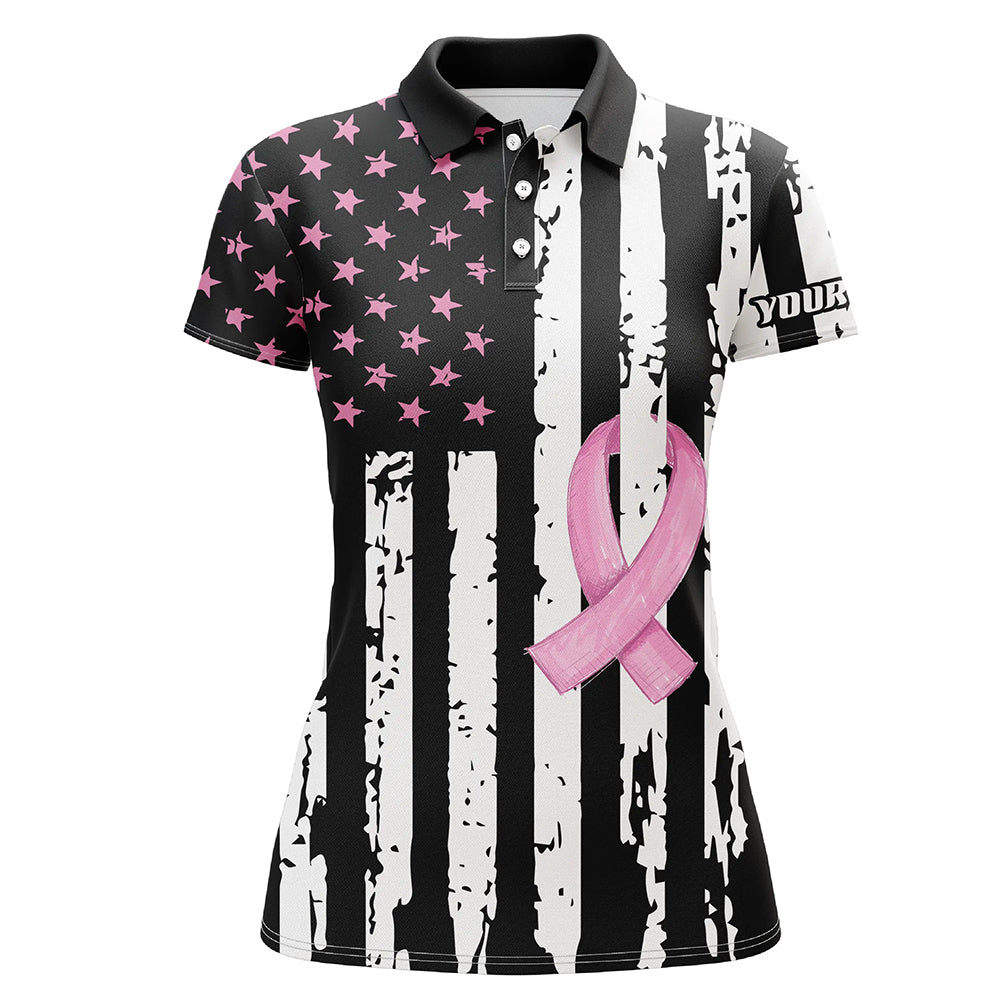 Pink ribbon American Flag patriotic Women golf polo shirts custom Breast Cancer awareness golf shirts NQS8284