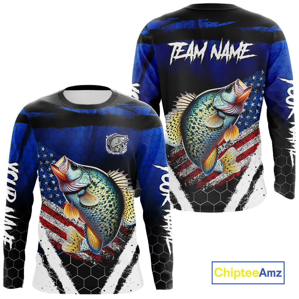 Crappie fishing American Flag Custom patriotic long sleeve team Crappie fishing shirts | Blue NQS10685