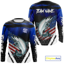 Load image into Gallery viewer, Salmon fishing American Flag Custom patriotic long sleeve team Salmon fishing shirts | Blue NQS10687