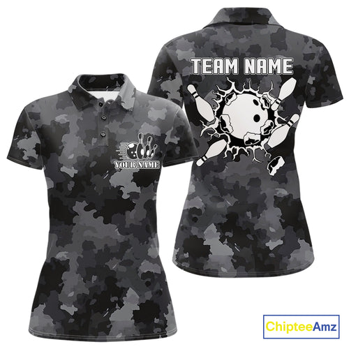 Bowling Polo, Quarter Zip shirts For Women Custom bowling ball & pins black camo Bowling Team Jersey NQS10889