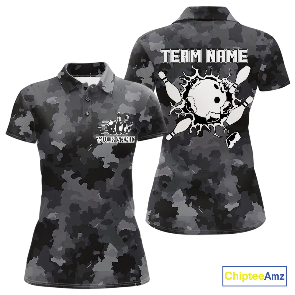 Bowling Polo, Quarter Zip shirts For Women Custom bowling ball & pins black camo Bowling Team Jersey NQS10889