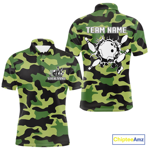 Bowling Polo, Quarter Zip shirts For Men Custom bowling ball and pins Green camo Bowling Team Jersey NQS10890