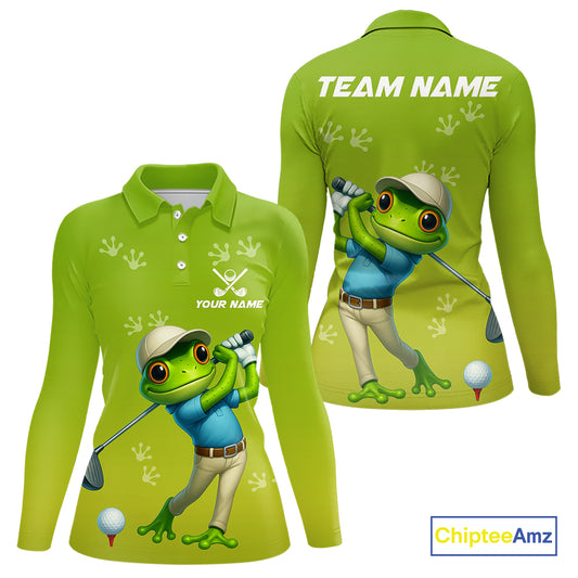 Funny Frog Golf polo shirts for Women Custom Green ladies golf top, personalized golf gifts NQS11280