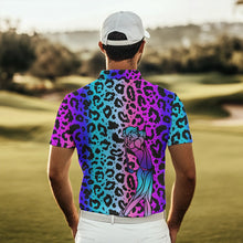 Load image into Gallery viewer, Neon Blue and purple leopard pattern Mens golf polo shirts Custom mens golf tops, unique golf gifts NQS9401