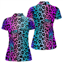 Load image into Gallery viewer, Neon Blue and purple leopard pattern Womens golf polo shirts Custom ladies golf tops, unique golf gift NQS9401