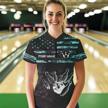 Load image into Gallery viewer, Personalized Turquoise camo American flag Custom Bowling Team Shirts For Women, Bowling League Jersey NQS9725