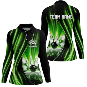 Green and black light Women Polo, 1/4 Quarter Zip Shirts Custom bowling team jerseys, gift for bowlers NQS7859