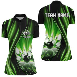 Green and black light Women Polo, 1/4 Quarter Zip Shirts Custom bowling team jerseys, gift for bowlers NQS7859