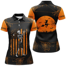 Load image into Gallery viewer, Black and Orange American Flag Halloween golf skull custom Women golf polo shirts, Halloween golf polo NQS8305