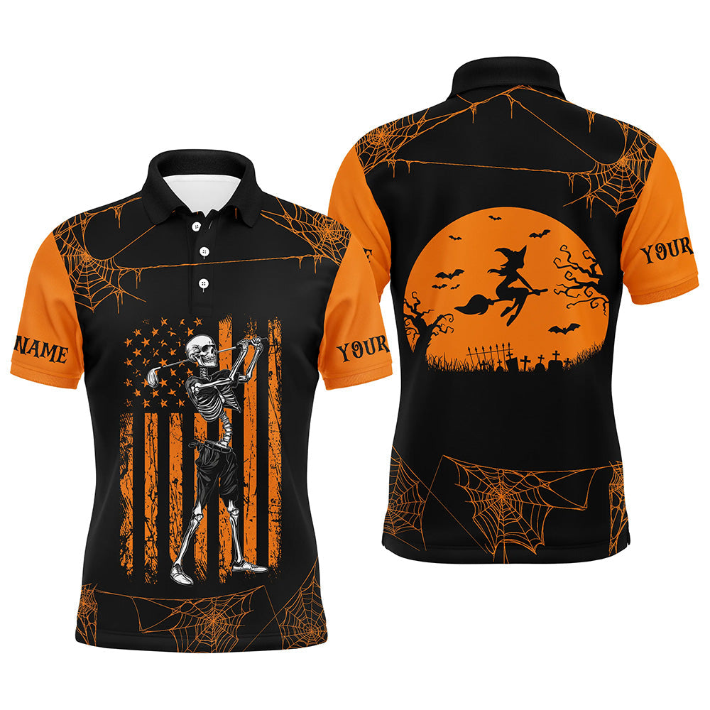 Black and Orange American Flag Halloween golf skull custom Men golf polo shirts, Halloween golf polo NQS8305