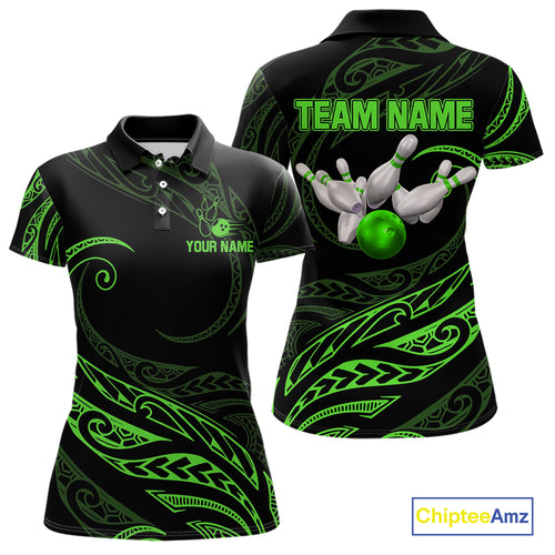 Black and Green Tribal Pattern Bowling Polo, Quarter Zip shirts For Women Custom Team Bowling Jerseys NQS10484