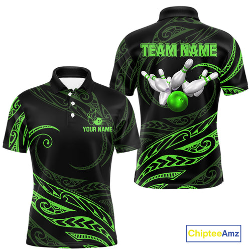 Black and Green Tribal Pattern Bowling Polo, Quarter Zip shirts For Men Custom Team Bowling Jerseys NQS10484
