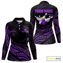Load image into Gallery viewer, Black and Purple Tribal Pattern Bowling Polo, Quarter Zip shirts For Women Custom Team Bowling Jersey NQS10486